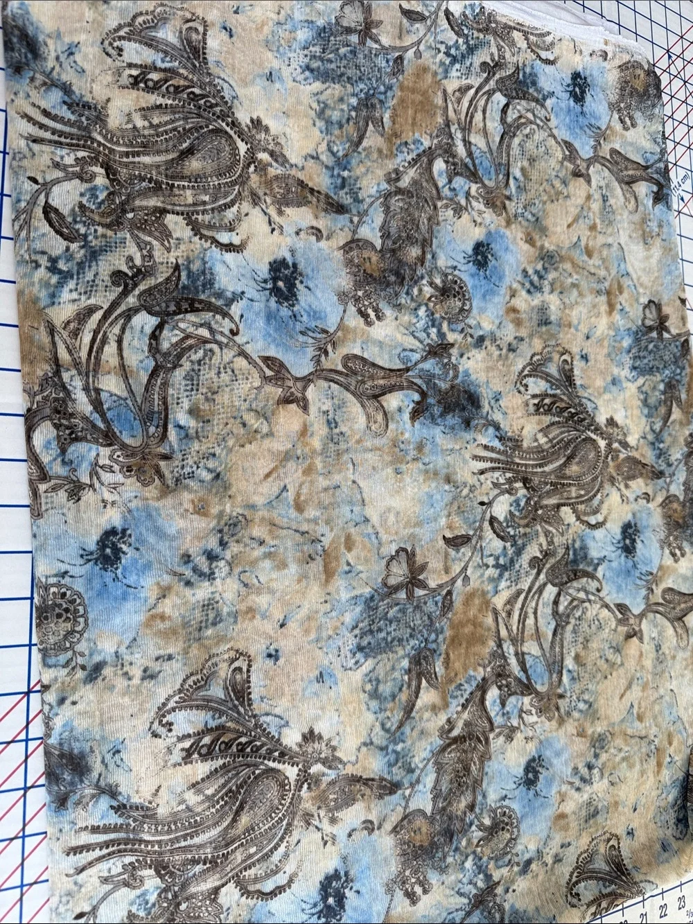 Textured Crepe Knit Fabric Blue Brown Paisley Boho 2.5 Yards x 58